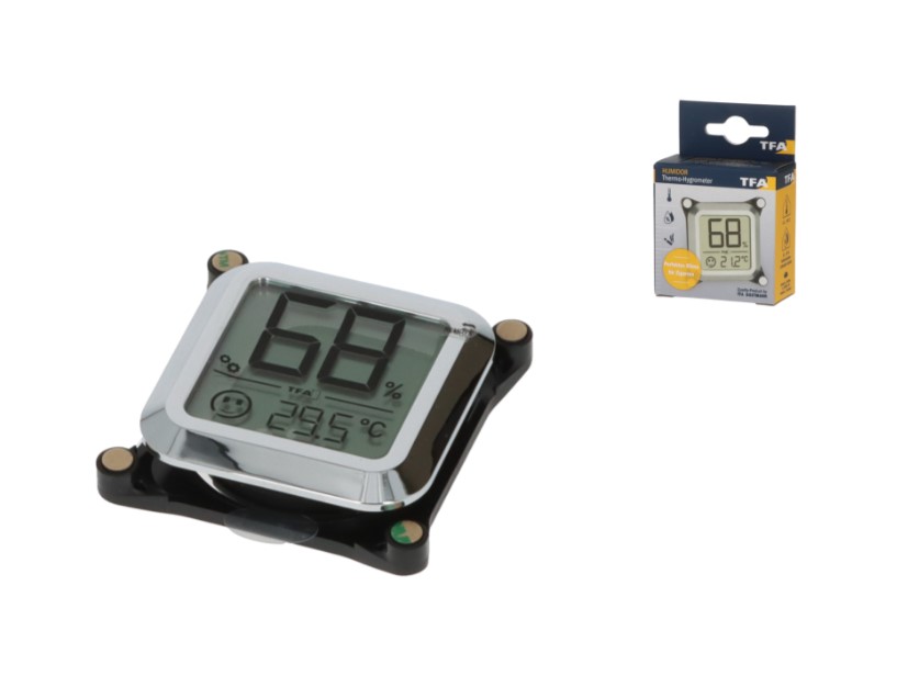 TFA digitális higrométer 5x5cm, króm színű, szerelő gyűrűvel és elemmel